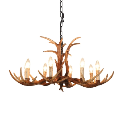 4/6/8/10 Lights Bare Bulb Chandelier Light with Antlers Decoration Vintage Resin Hanging Lamp in Brown