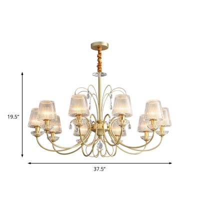 6/8/10 Lights Cone Chandelier Lamp Clear Ribbed Glass Shade Modern Hanging Ceiling Light in Gold