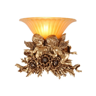 Amber Glass Flared Wall Mounted Light Country Style 1 Light Wall Light Fixture with Gold Angel Decoration