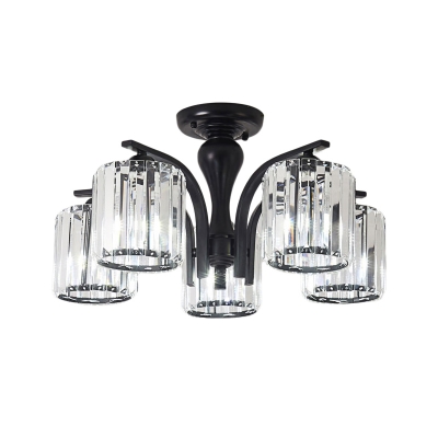 Clear Crystal Drum Ceiling Light 3/5 Lights Modern Black Semi Flush Ceiling Lamp for Bedroom