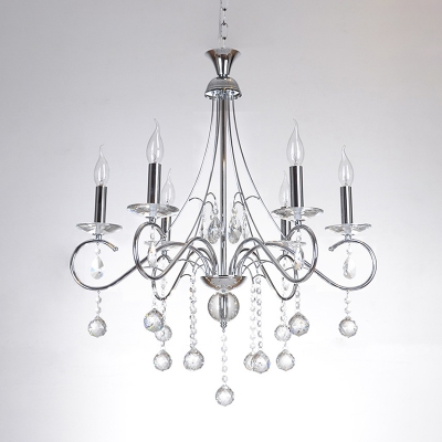 Contemporary Candle Chandelier Lighting with Clear Crystal Prisms 6 Lights Metal Living Room Pendant Lamp