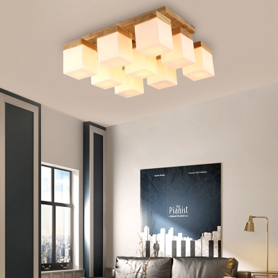 Frosted Cubic Glass Shade Semi Flush Light Minimalist 9 Lights Semi-Flush Ceiling Light in Wood for Dining Table