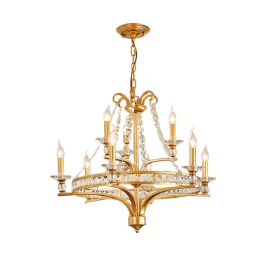 Gold Ceiling Pendant with Candle and Crystal Beaded Strands 9 Lights Traditional Metal Chandelier for Living Room