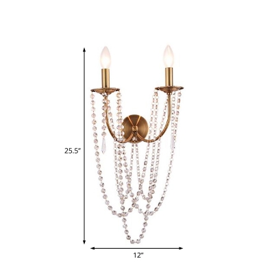 Metallic Candle Wall Lamp 2 Heads Retro Style Brass Wall Lamp with Crystal Bead for Bedside
