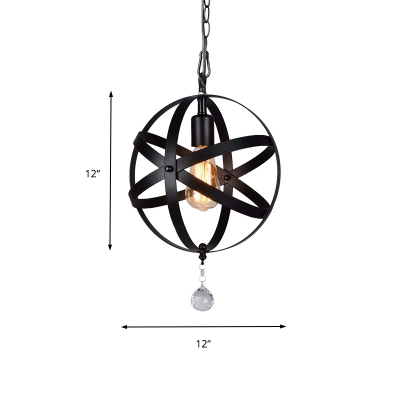 Strap Globe Pendant Light with/without Crystal Ball Industrial Metal 1 Light Suspension Lamp in Black