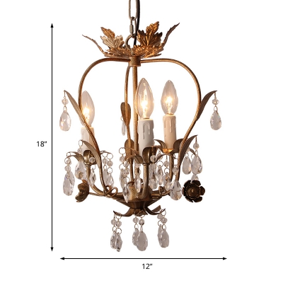 3-Light Candle Small Chandelier Traditional Metal Hanging Lamps with Crystal in Rust for Bedroom