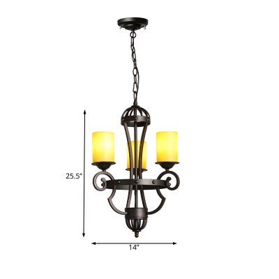 3 Lights Tube Chandelier with Yellow Glass Shade Country Style Hanging Ceiling Light in Black