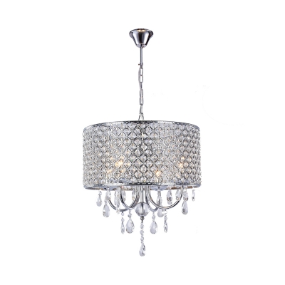 4 Lights Drum Hanging Light with Clear Crystal Modern Chandelier Light in Black/Chrome