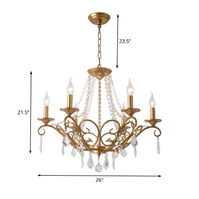 6 Lights Clear Crystal Pendant Lamp with Candle Vintage Country Style Chandelier Lighting in Gold
