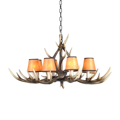 Balcony Conical Hanging Lamp with Antlers Height Adjustable Vintage Fabric 6/8 Lights Pendant Lighting in Dark Brown