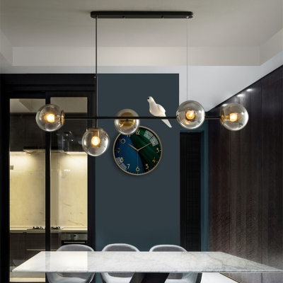 Black Linear Island Chandelier with Amber/Smoke Grey/White Glass Shade Modern Rustic 5 Lights Kitchen Island Light