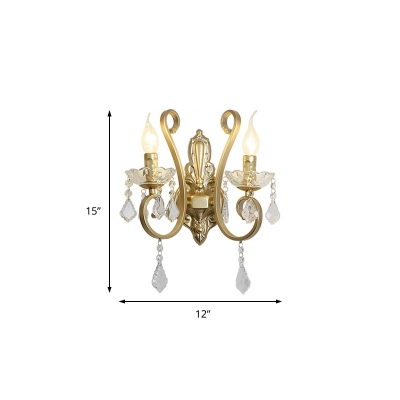 Candle Crystal Wall Lighting 2 Heads Modernist Wall Sconce Light with Metal Curved Arm in Brass