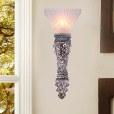 Carved Arm Wall Mount Light with Frosted Glass Shade Country 1 Bulb Sconce Light in Silver