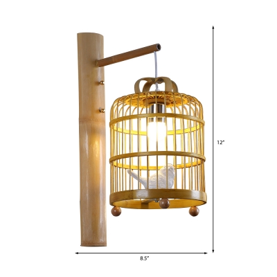 Chinese Style Birdcage Suspender Wall Light with White Bird Accent 1 Light Wooden Sconce Light
