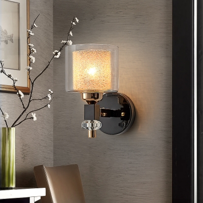 Contemporary Drum Wall Light 1 Light Frosted Glass and Clear Glass Sconce Lamp in Black for Hallway