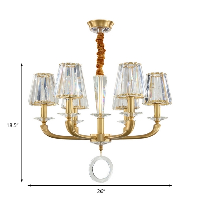 Crystal Cone Shade Pendant Mid-Century Modern 6 Light Hanging Chandelier in Brass for Indoor