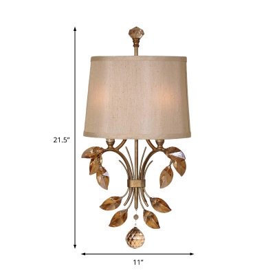 Fabric Drum Wall Sconce 2 Lights Contemporary Tan Crystal Branch Wall Lamp in Brass Finish