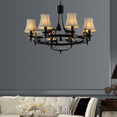 Fabric Shade Bell Chandelier Dining Room Industrial 4/8 Lights Matte Black Pendant Light with Bear