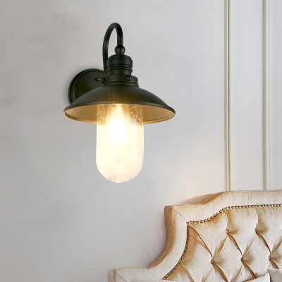 Flared/Cone Entry Sconce with Gooseneck Arm 1 Light Vintage Industrial Bubbled Glass Wall Sconce Lighting in Black
