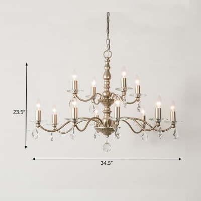 French Country Candle Chandelier with Crystal Drop 9/12/15 Lights Metal Pendant Light for Dining Table