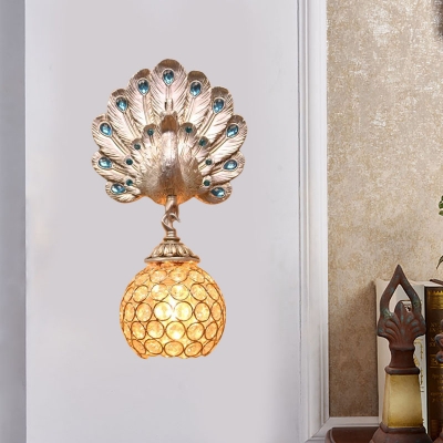 Gold Peacock Wall Lighting with Blue Crystal Bead 1 Light Country Style Wall Mount Lamp for Bedroom