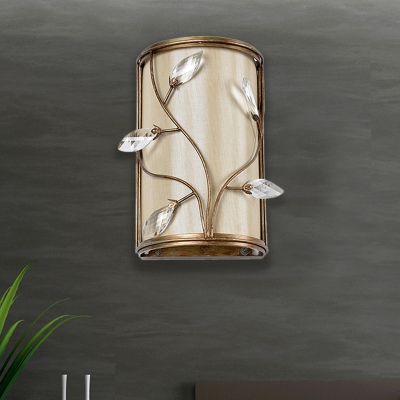Metal Cylinder Wall Light with Leaf Crystal Bedroom Kitchen 1/3 Lights Modern Sconce Light in Brass and Beige