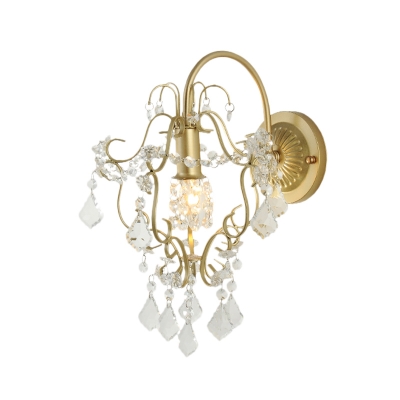 Metal Flower Wall Lamp with Crystal Bead Bedroom Hallway 1 Light Luxurious Sconce Light in Gold