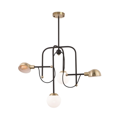 Mid Century Modern Ball Chandelier White Glass and Metal 4 Lights Brass Pendant Lamp