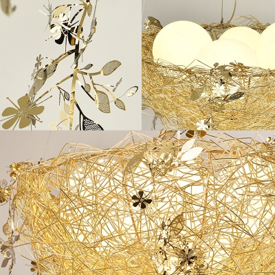 Modernism Bird's Nest Pendant Lamp Metal and Glass 4 Lights Hanging Chandelier Lighting in Gold/Silver