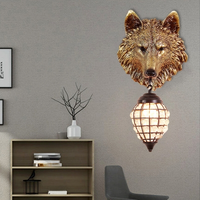 Resin Grey/Gold Wolf Wall Lamp with Crystal Beaded Lampshade 1 Head Country Wall Lighting in Black