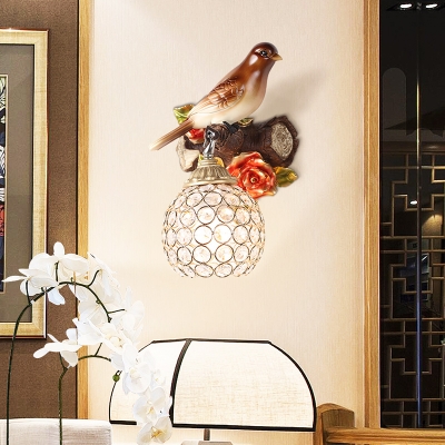 Right/Left Bird Wall Lighting Fixture Country Style 1 Light Resin Sconce Light with Clear Dome Shade in Brown