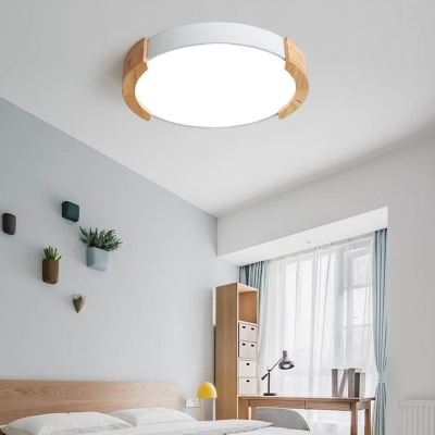 Round Flush Light Nordic Style Iron and Acrylic Ceiling Light Fixtures with Wooden Rim in Grey/Green/White