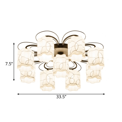 Scalloped Drum Ceiling Flush Lamp with Black Floral Backplate 3/6/9 Heads Traditional Opal Glass Semi Flushmount