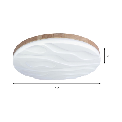 Solid Wood Circular Flushmount Modern Simple Led Flush Mount Ceiling Light in Warm/White with Textured Acrylic Shade, 15