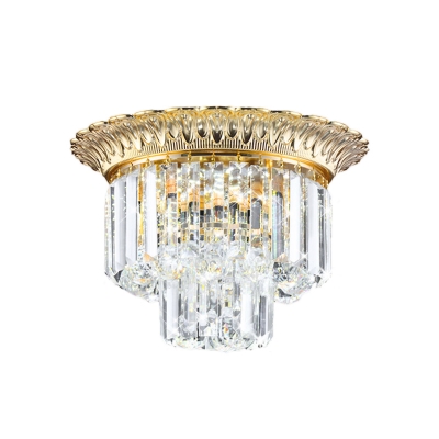 Vintage 2 Tiers Flush Ceiling Light Clear Faceted Crystal Flushmount Lighting in Gold, 14