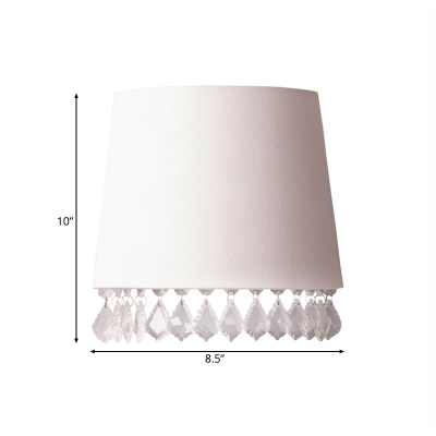 White Fabric Shade Tapered Wall Lamp Traditional 1 Light Bedroom Wall Mount Light with Clear Crystal
