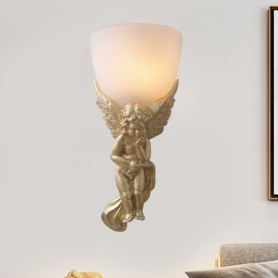 1 Light Bowl Wall Lighting with Right/Left Angel Loft Style Opal Glass Shade Wall Mount Lamp in Gold/White