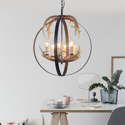 4/8 Lights Orb Hanging Pendant Light with Antler Accents Metal Rustic Suspension Lamp in Rust