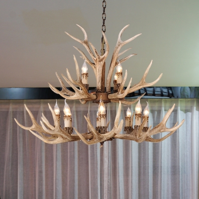 8/12/24/28-Head Antlers Hanging Lamp with Candle Countryside Resin Chandelier Light Fixture in Light Brown