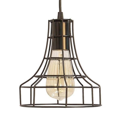 Black Flare Pendant Lamp with Metal Wire Frame Single Light Farmhouse Hanging Ceiling Light
