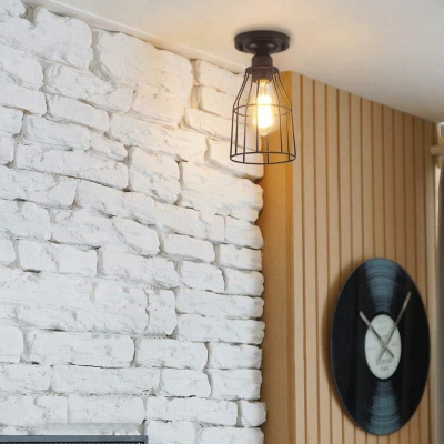 Bottle Cage Ceiling Light Fixture Vintage Metal 1 Light Lighting Fixture in Black for Hallway