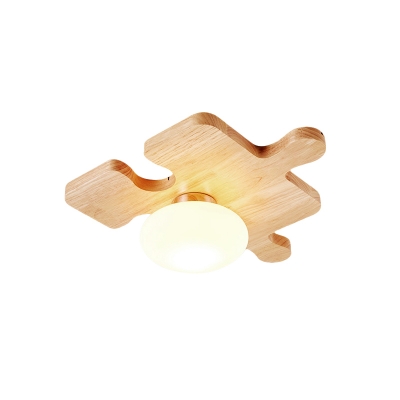 Bowl Glass Shade Flush Mount Light with Jigsaw Canopy Modern 1 Light Flush Ceiling Light in Wood