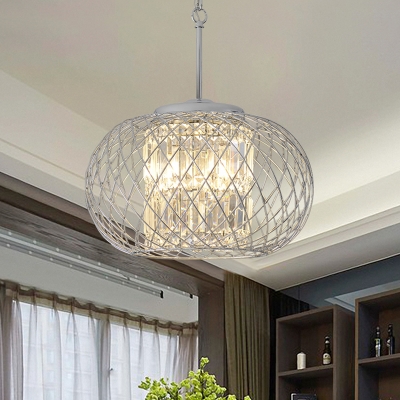 Chrome Wire Cage Hanging Light Modern Metal and Clear Crystal 3 Bulbs Dining Room Chandelier