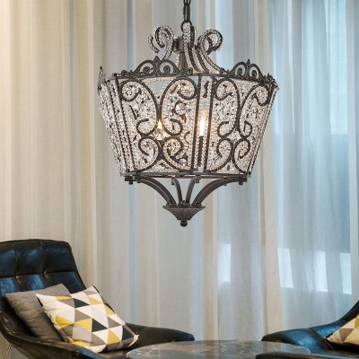Clear Crystal Lantern Pendant Lighting Traditional 4 Bulbs Matte Black Hanging Ceiling Light for Living Room