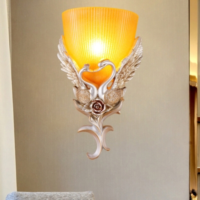 Country Style Cone Wall Mount Lighting 1 Light Amber/White Ribbed Glass Bedroom Sconce Light in Silver/Gold