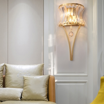 Curved Drum Bedroom Wall Light Clear Crystal Metal Elegant Style Sconce Lamp in Gold