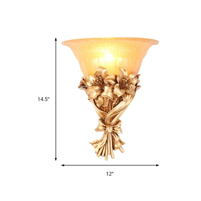Floral Wall Sconce Lamp Rustic Single Light Indoor Gold Wall Lighting with Flared Opal Glass Shade