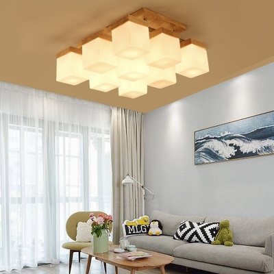 Frosted Cubic Glass Shade Semi Flush Light Minimalist 9 Lights Semi-Flush Ceiling Light in Wood for Dining Table