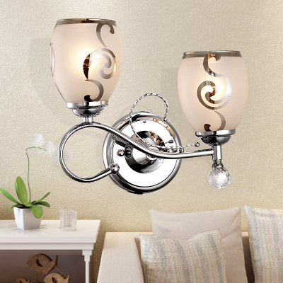 Frosted Glass Sconce Lighting 2 Heads Modern Bowl Wall Lighting with Metal Arm in Chrome for Living Room
