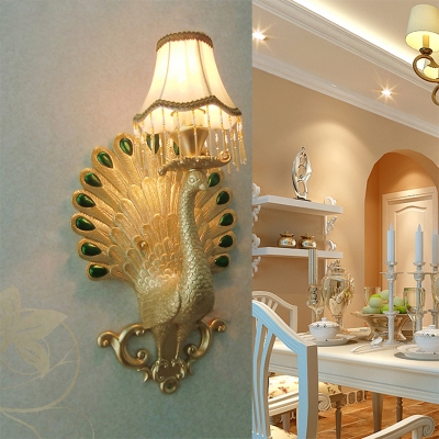 Gold Peacock Wall Mounted Light with White Fabric Shade Single Light Country Style Wall Lamp